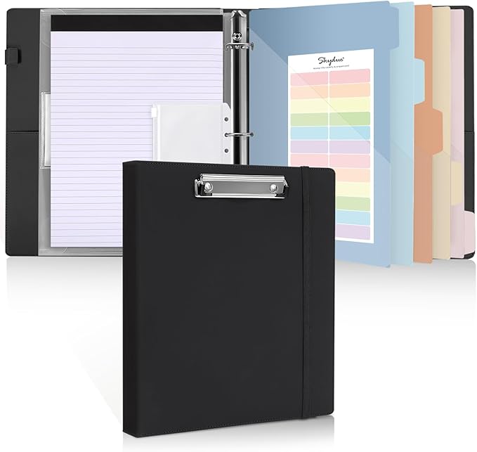 SKYDUE Clipboard Binder with Refillable Notepad, PU Clipboard Folder Includes 5 Dividers with 10 Pockets, Labels, 3 Ring Binder 1 Inch for School Office (Fit Letter Sized Paper), Black