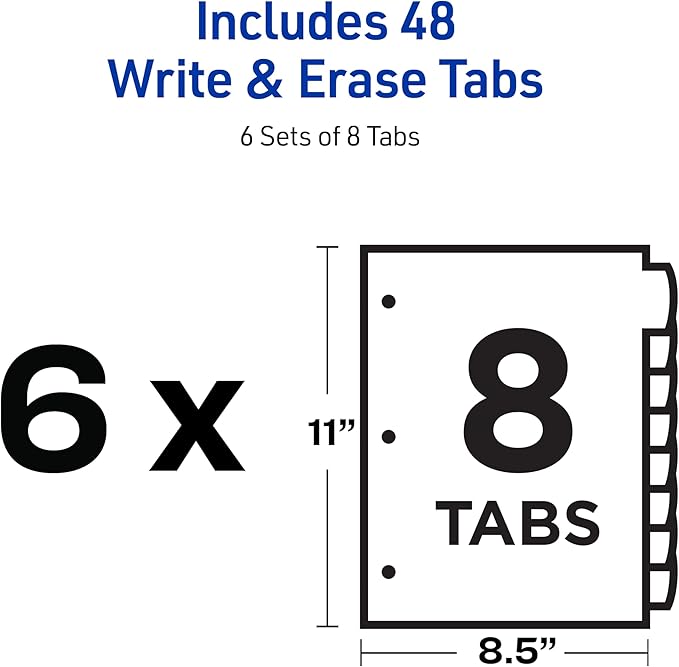 Avery Write & Erase 8 Tabs Plastic Divider for 3 Ring Binders, 6 Sets (8 Colors)