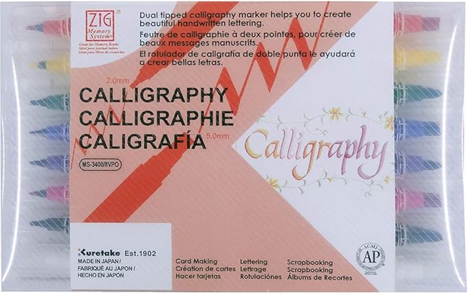 Kuretake Zig Calligraphy Dual Tip Marker Pens, 7 colors and Blender set, 2mm, 5mm, Double Tip, for Art, Sketch, illustration, Calligraphy, Journal, Drawing, Made in Japan