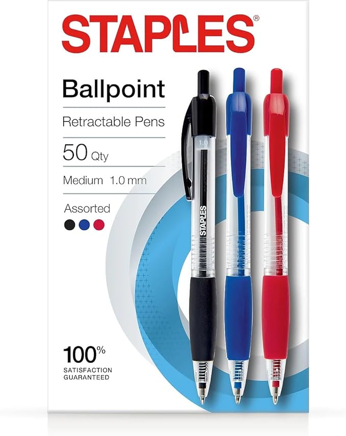 STAPLES Retractable Ballpoint Pens, Medium Point 1.0mm, Assorted Ink Colors, 50 Pack – Bulk Writing Pens for Offices & Classrooms