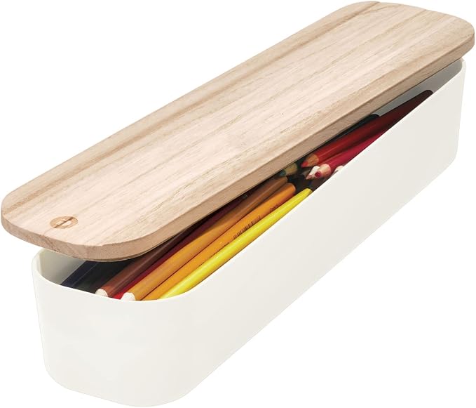 iDesign Recycled Plastic Storage Compact Drawer Organizer Bin with Paulownia Wood Lid, 3.6" x 14.4" x 2.4", Coconut