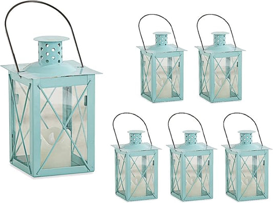 Kate Aspen Medium Decorative Lanterns - Set of 6 - Luminous Blue Metal Lantern Tealight Candle Holders Centerpieces for Wedding, Home Decor and Party - 6.3" H (8.9" H with Handle)