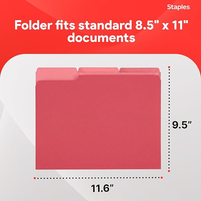 Staples File Folders, Letter Size, 1/3‑Cut Tabs, Red, Durable 10.5‑Point Paper Stock, 100/Pack