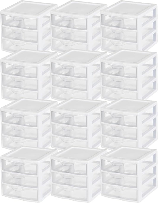 Sterilite 12-Pack ClearView 3-Drawer Cart, Small Plastic Storage Organizer Drawers, White - Organizing Drawer Containers for Bathroom, Closet, Kitchen, and Bedroom