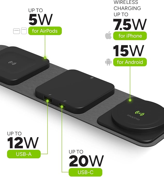 mophie Wireless 3 in 1 Travel Magnetic Wireless Charging Station, Multiple Devices, Compatible with Apple iPhones, Google, Samsung Devices, AirPods, BYO Watch Charger. (Watch Charger not Included)
