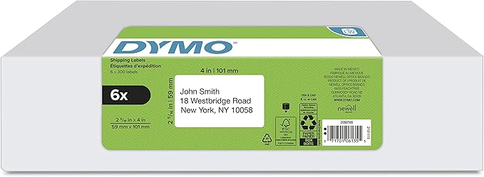 DYMO Authentic LW Large Shipping Labels DYMO Labels for LabelWriter Label Printers 2-5/16" x 4 Print Up to 6-Line Addresses 6 rolls of 300 (1800 Total)