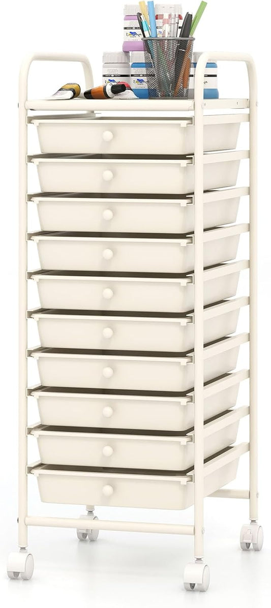 COSTWAY 10-Drawer Rolling Storage Cart, Utility Mobile Trolley with Removable Drawers & Universal Casters & 2 Brakes, Versatile Flexible Drawer Organizer Cart for Home, Office, White