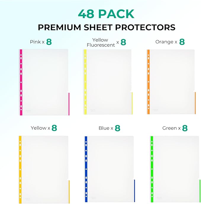 48 Pack, Color Edges Plastic Sheet Protectors 8.5"x11", Premium Heavy Duty, Top & Side Loading, Page Protectors Sheet Reinforced 11-Hole Fit for 2/3/4 Ring Binder