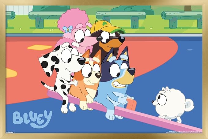 Bluey (2018) - Bluey and Friends See Saw Fun Wall Poster, 22.4L" x 14.7W", Gold Framed Version
