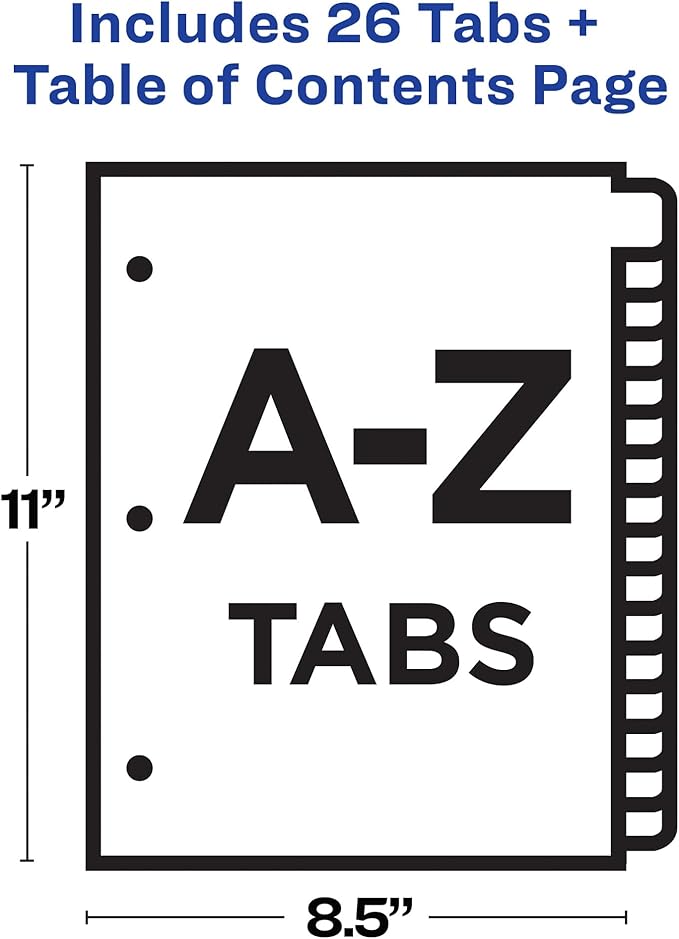Avery A-Z Dividers for 3 Ring Binders, 26 Tabs per Set, Customizable Table of Contents, Multicolor Tabs, Great for Organizing Reports, Projects, and More (12 Sets of 11125)