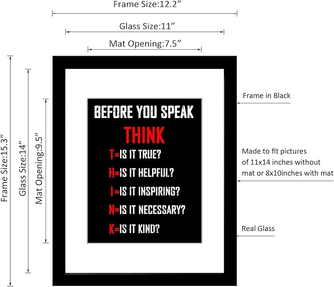 Wieco Art Think Quotes Wall Art Inspirational Canvas Print Motivation Classroom Decor With Black Picture Frame and HD Plexiglass Made to Display 8x10" with Mat or 11x14" Without Mat