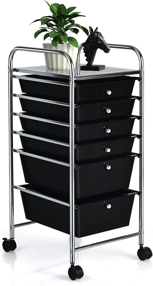 COSTWAY 6-Drawer Rolling Storage Cart, Multifunctional Art Craft Tools Organizer on Wheels, Heavy Duty Utility Mobile Storage Trolley w/ 2 Lockable Wheels for Home Office School (Black)