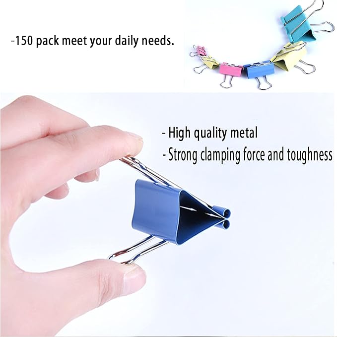 150 Pcs Colored Binder Clips Assorted Sizes with a Box, Jumbo, Large, Medium, Small, Mini, Micro,6 Sizes for Office, School and Home