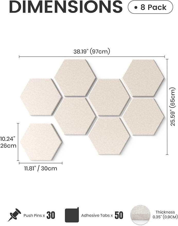 Fluxynara Hexagon Cork Board Alternative for Walls Decor-8-Pack Felt Bulletin Board Tiles,with 30 Pushpins,50 Adhesive Tabs for Office,Classrooms & Home Pin Board Felt Board-Oatmeal