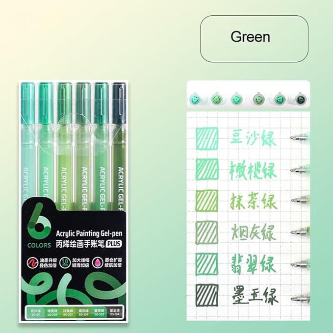 Acrylic Gel Pens for Coloring Books, Quick Dry 6 Pcs 1.0mm Fine Point Gel Marker Pen for Drawing, Journaling Art, Green