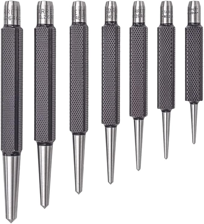 Starrett Steel Center Punch with Square Shank Set and Knurled Finger Grip - Hardened and Tempered, 7-Piece Kit for Accurate Marking and Easy Handling - S264WB