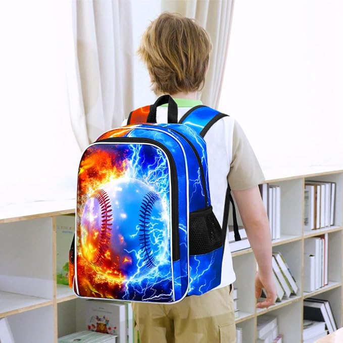 gxtvo 3PCS Boys Baseball Backpack, 17" Kids Bookbag with Lunch Box, Water Resistant Middle Elementary School Bag - Fire & Lightning Baseball