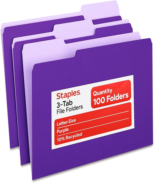 Staples File Folders, Letter Size, 1/3‑Cut Tabs, Purple, Durable 10.5‑Point Paper Stock, 100/Pack