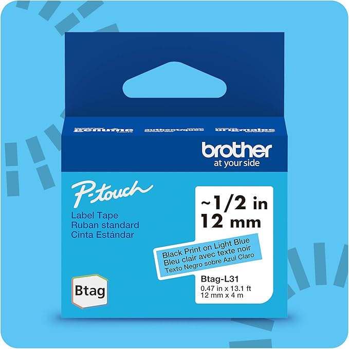Brother Genuine P-Touch Btag BTAGL31 Black on Light Blue Label Tape ~1/2in by 13.1ft (12mm x 4m). (Works Only with Brother PT-N10, PT-N20, PT-N25BT Label Makers)