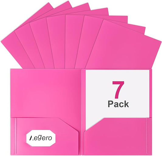 Plastic Folders with Pockets (7 Pack, Rosered), Durable Heavy Duty File Folders with Business Card Slot, 2-Pocket Folder for Schoolwork & Office,Letter Size