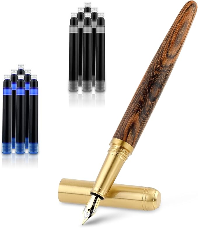 Wooden Fountain Pen, Fine Point, Handcrafted Luxury Pen with 12 Pcs 2.6 mm Ink Cartridges, Vintage Wood Pen for Business, Calligraphy, Gifts