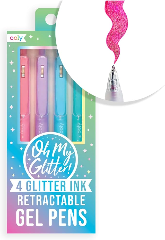Ooly Oh My Glitter Gel Pens - Set of 4 Cute School and Art Supplies for Girls, Planner Pen with Comfort Grip, Ideal Retractable Glitter Pens for Decorations & Office Use
