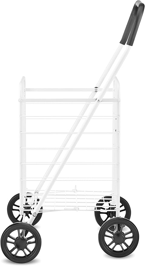 Whitmor Folding Utility Shopping Cart with Wheels, Heavy Duty Metal Grocery Cart, Portable Foam Handle, Rolling Collapsible Trolley for Groceries, Laundry, Storage, White