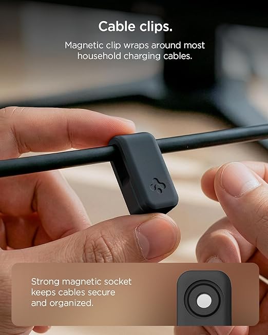 Spigen Magnetic Cable Holder Universal Cable Organizer with Magnetic-Clips Works with All Chargers, Cords Including USB-C, Lightning, HDMI, Apple Watch Chargers and More, LD103 - Black