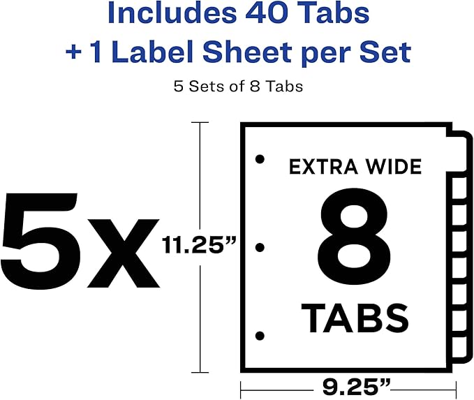 Avery 8-Tab Extra Wide Binder Dividers, Easy Print & Apply Clear Label Strip, Index Maker,White, 5 Sets (11441) (Pack of 10)