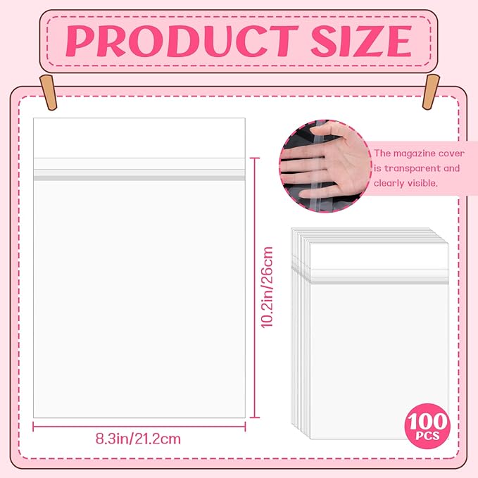 100 Pack 8 3/8 x 10 1/8 inches Crystal Clear Sleeves Storage Bags, Self Sealing Cellophane Bags Magazine Sleeves Protectors for 8x10 Photo Mats Art Prints Drawings