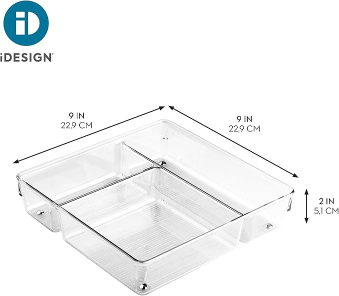 iDesign 3-Section Divided Drawer Organizer for Kitchen, Bathroom, and Desk Drawers - Clear