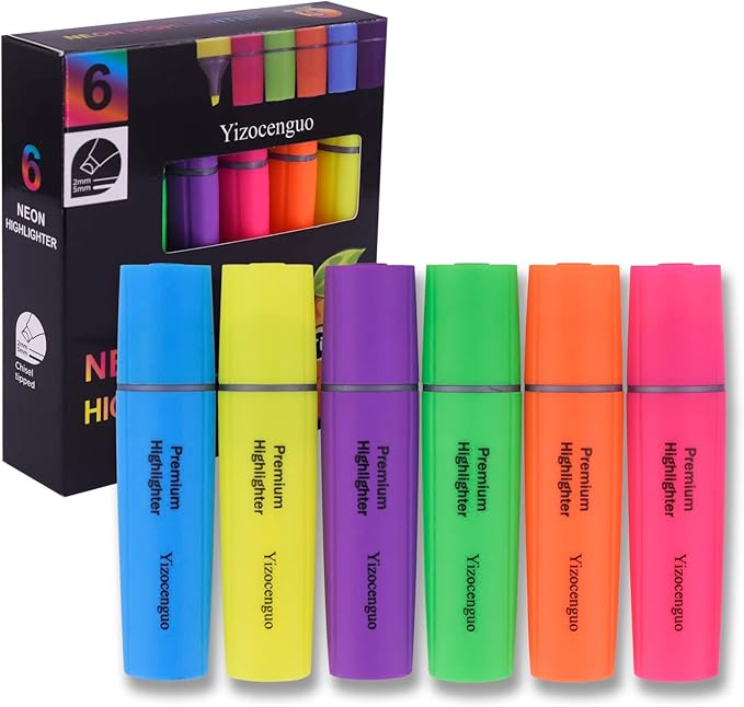 Highlighters Assorted Colors, 6 Neon Highlighters Chisel Tip Marker Pen, for Adults, Office School Supplies