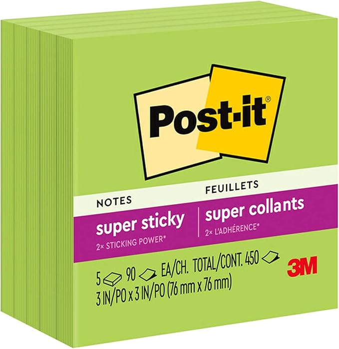 Post-it Super Sticky Notes 654-5SSLE, 3 in x 3 in (76 mm x 76 mm), Limeade - (24 Pack)