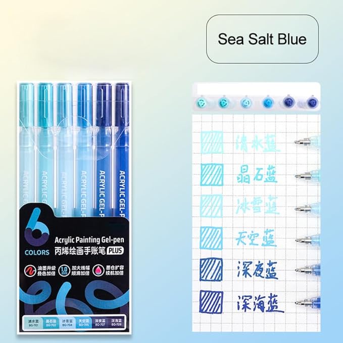 Acrylic Gel Pens for Coloring Books, Quick Dry 6 Pcs 1.0mm Fine Point Gel Marker Pen for Drawing, Journaling Art, Sea Salt Blue