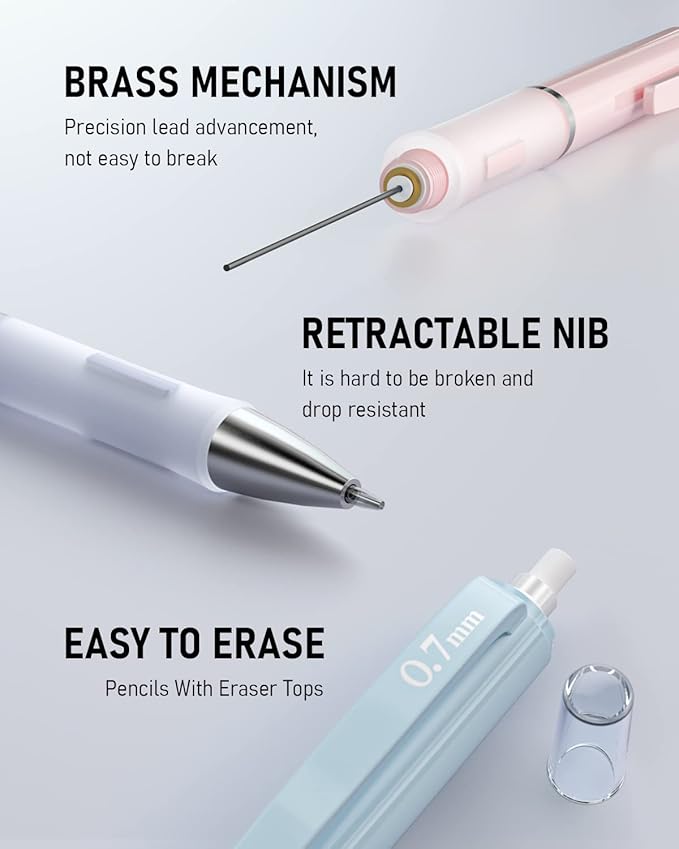 Nicpro 6PCS Pastel Mechanical Pencil Set, Cute Mechanical Pencils 0.5 mm & 0.7 mm & 0.9 mm with 360PCS HB Lead Refills, Eraser, Eraser Refill for Student Writing Drawing Sketching Drafting with Case