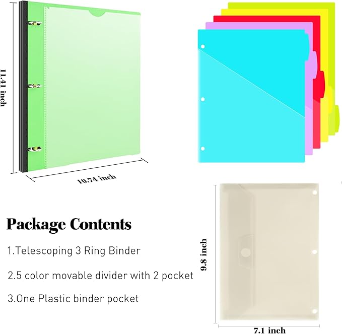 INFUN 1 Inch 3-Ring Telescoping Project Organizer Binder,13 Pocket, Customizable Front Cover, 5 Colors Pocket Divider and Plastic Binder Pocket，225 Sheet Capacity-Green