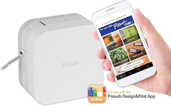 Brother P-Touch Cube Color Smartphone Label Maker, Bluetooth Wireless Technology, Multiple Templates Available for Apple & Android Compatible – White