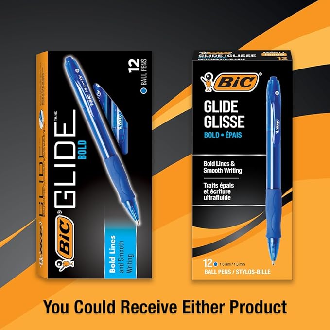 BIC Glide Bold Blue Ballpoint Pens, Bold Point (1.6mm), 12-Count Pack, Retractable Ballpoint Pens With Comfortable Full Grip