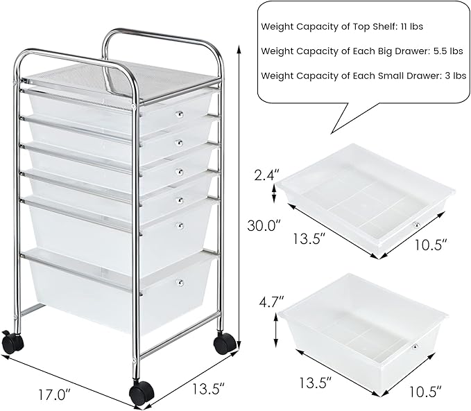 COSTWAY 6-Drawer Rolling Storage Cart, Multifunctional Art Craft Tools Organizer on Wheels, Heavy Duty Utility Mobile Storage Trolley w/ 2 Lockable Wheels for Home Office School (Clear)