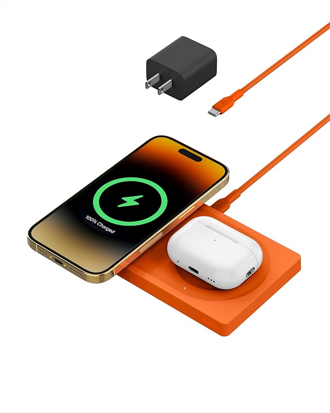 Belkin 2-in-1 Wireless Charging Pad with MagSafe 15W, Fast Charging iPhone Charger - Wireless Charging Station for iPhone 17, 16, 15, and 14 Series, AirPods, and Other MagSafe Enabled Devices - Orange