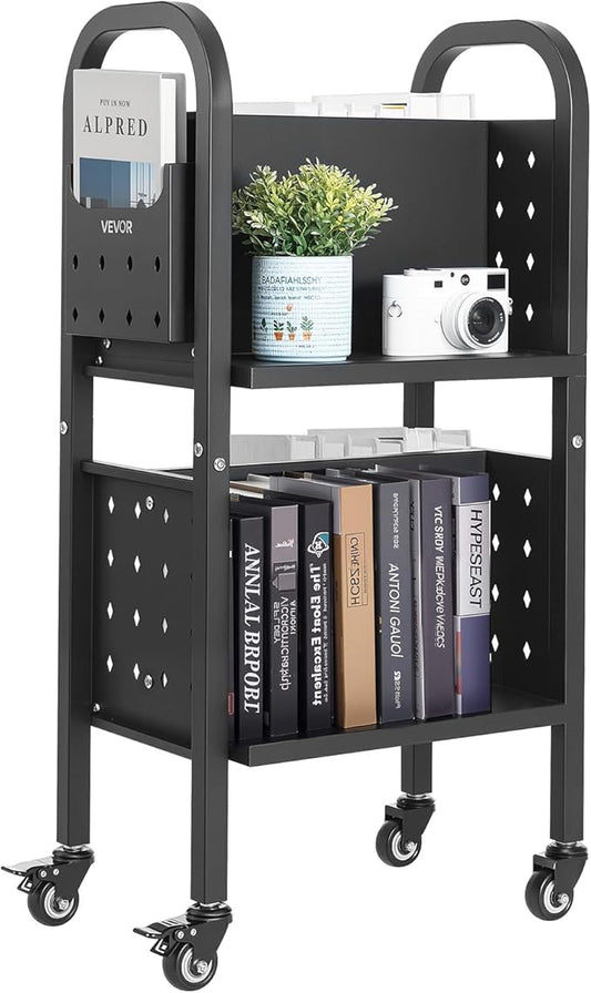 VEVOR Rolling Library Book Cart, 150 lbs Capacity, 17.7 x 13.0 x 34.6-Inch Library Cart, Double Sided L-Shaped Shelves with 2-Inch Lockable Wheels, Book Truck for Home Shelves Office and School, Black