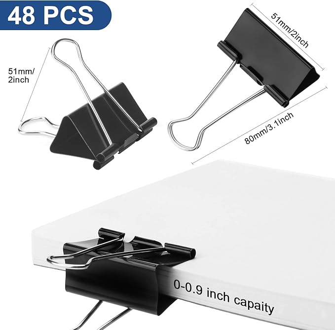 48 Pack XL Binder Clips 2 Inch Paper Clip Large Binding Clip, Jumbo Paperclips Bulk, Heavy Duty Big Paperwork Clamp Black, School Teachers Office and Kitchen Home Supplies