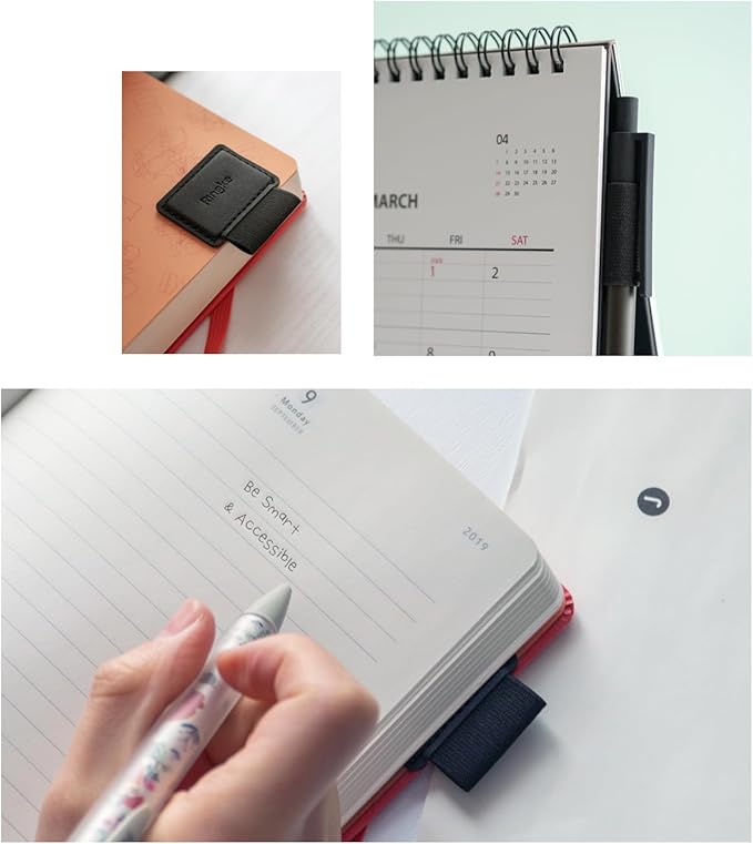 Ringke Pen Holder for Apple Pencil, Journal, Notebooks, and More - 3M Self Adhesive PU Leather Durable Pen Loop with Elastic (3 PACK) - Black
