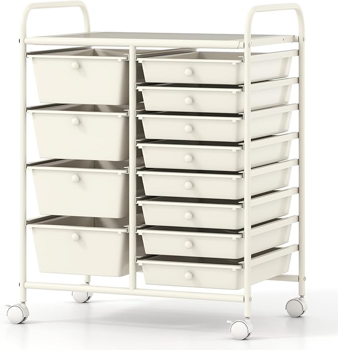 COSTWAY 12 Drawer Rolling Storage Cart, Mobile Utility Cart with Metal Frame, Art Supply Craft Organizer, Multipurpose Storage Organizer for Paper, Office, School Teacher, Classroom, White