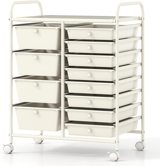COSTWAY 12 Drawer Rolling Storage Cart, Mobile Utility Cart with Metal Frame, Art Supply Craft Organizer, Multipurpose Storage Organizer for Paper, Office, School Teacher, Classroom, White