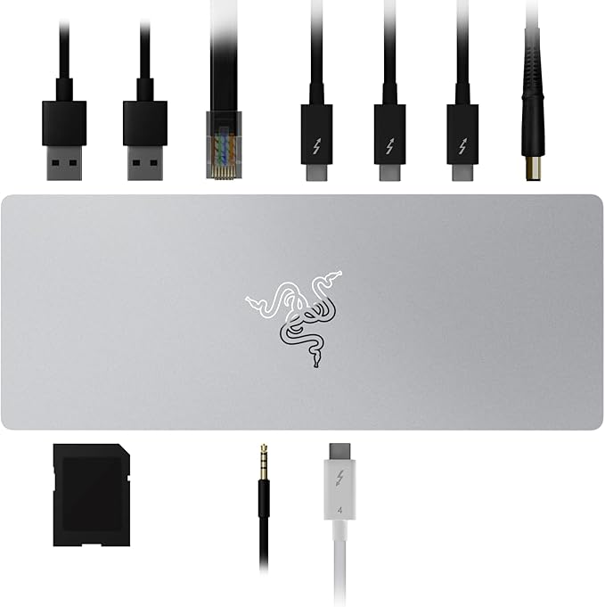 Razer Thunderbolt 4 Dock: 10 Ports in 1 - Dual 4K or Single 8K Output - USB A and C Hub, 2.5 GbE Thunderbolt 3, Mac, and PC Compatible - Thunderbolt 4 Certified - Passthrough Charging - Mercury White