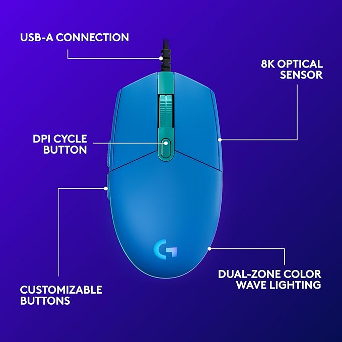 Logitech G203 Wired Gaming Mouse, 8,000 DPI, Rainbow Optical Effect LIGHTSYNC RGB, 6 Programmable Buttons, On-Board Memory, Screen Mapping, PC/Mac Computer and Laptop Compatible - Blue