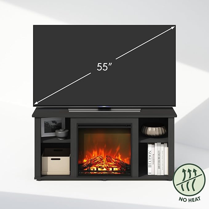 Furinno Jensen Fireplace TV Stand, NO Heat Decorative Electric Fireplace TV Stand for TV up to 55 Inch, with Open Storage, for Living Room, Americano
