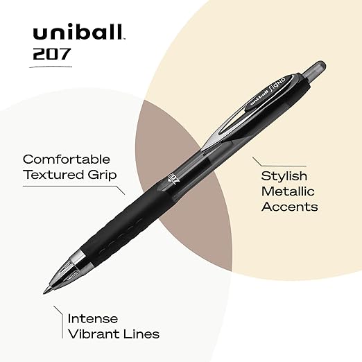 uni-ball 207 Retractable Gel Pens, Medium Point (0.7mm), Black, 4 Count