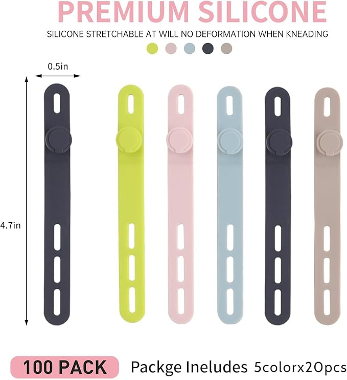 Oligei 100 Pcs Silicone Cable Ties, Cable Ties Reusable, High Elasticity Cord Wraps for Electrical Cords, Cord Organizer for Earphone, Phone Charger(Colorful)